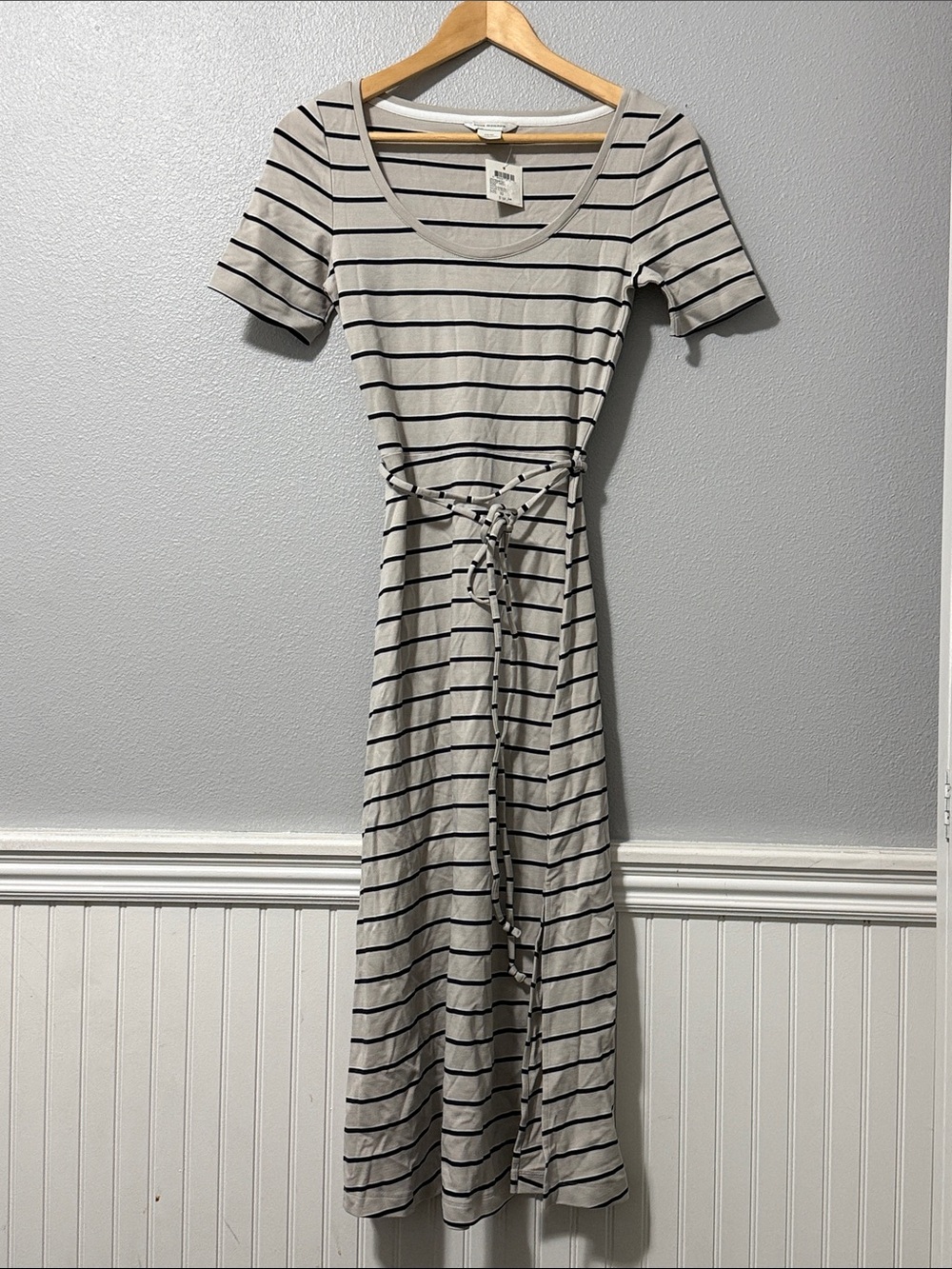 Club Monaco Beige and Black Striped Tie-Waist Maxi Dress